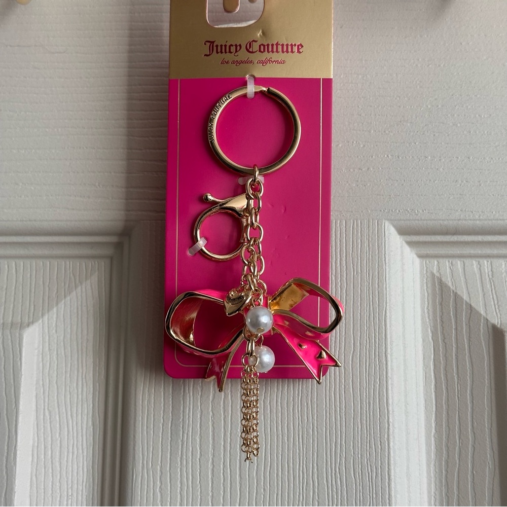 Juicy Couture Gold and Pink Bow Keychain with Pearl Accents